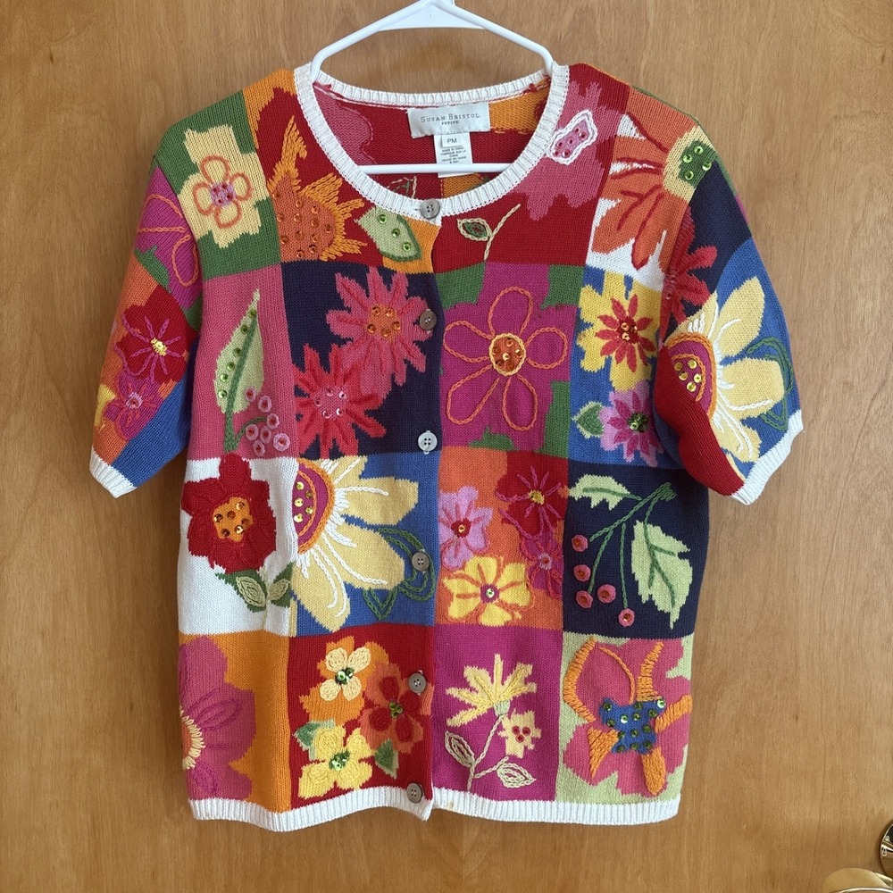 Susan Bristol Cardigan Floral Bouquet Short Sleeve Petite Medium Teacher Craft
